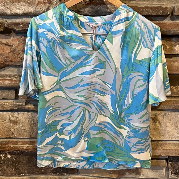 ESQUALO Electric Waves Blue and Green Tropical Print Ruffle Sleeve Blouse - Picture 1 of 7